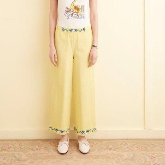 Bode Beaded Chicory Pants Floral Beadwork Pull-on Cotton Mid Rise XS